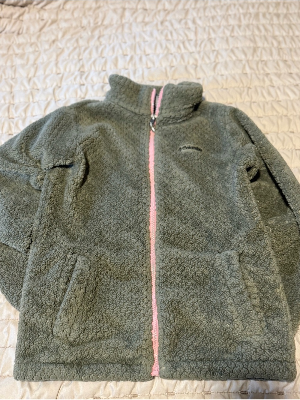 Columbia Kids Olive Green Sherpa Jacket with Pink Zipper